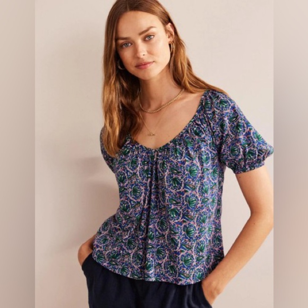 BODEN• Print V-Neck Top - Blue Wave Botanic Size 12